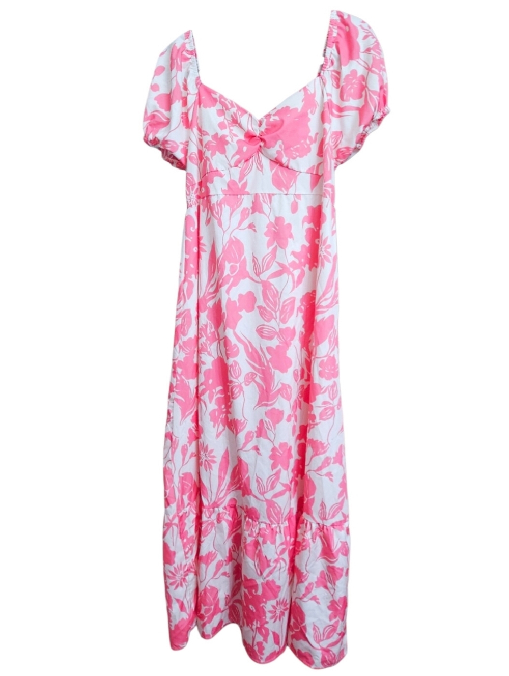 Shein Pink & Ivory V Neck Puff Sleeves Smocked Floral Maxi Ruffle Dress Size 6